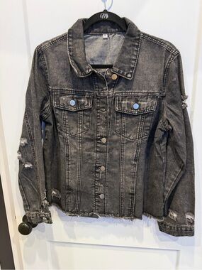 Women's Distressed Black Denim Jacket - Casual Cropped Trucker